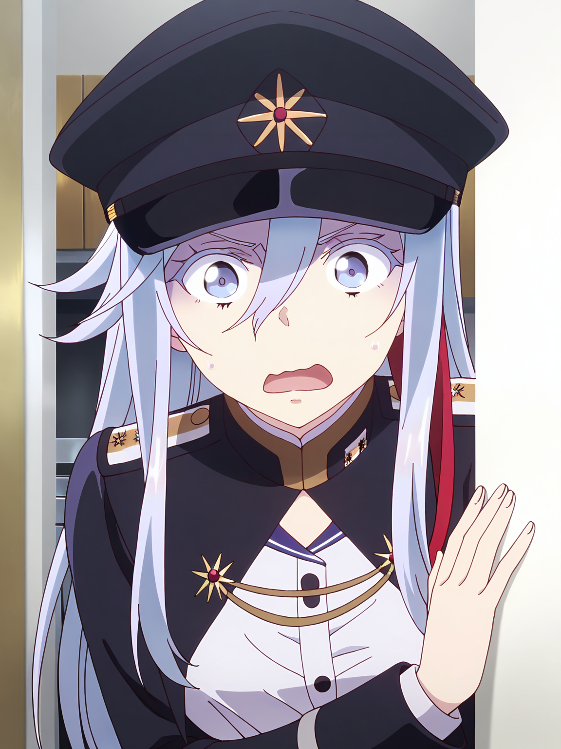 <lora:Vladilena_Milizé:0.8>, vladilena millize, 1girl, solo, blue eyes, long silver hair, red streaks, military hat, military uniform, gold trim, white shirt, surprised, frown, open mouth, wavy mouth, sweatdrop, peeking out, hand on wall, looking at viewer, upper body, indoors, white wall, kitchen