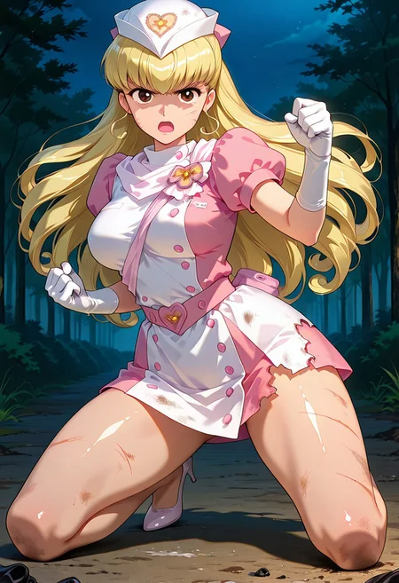 masterpiece, best quality, very aesthetic, absurdres,detailed background,  shiny skin, posing,  
<lora:ririka.il:1>
ririka, nurse angel, large breasts, wide hips,NSFW, BDSM, latex nurse angel costume, open mouth, 
fighting stance, serious face, making fists, outside, night, open mouth, torn cloths, defeat, kneeling, dirty, scar,