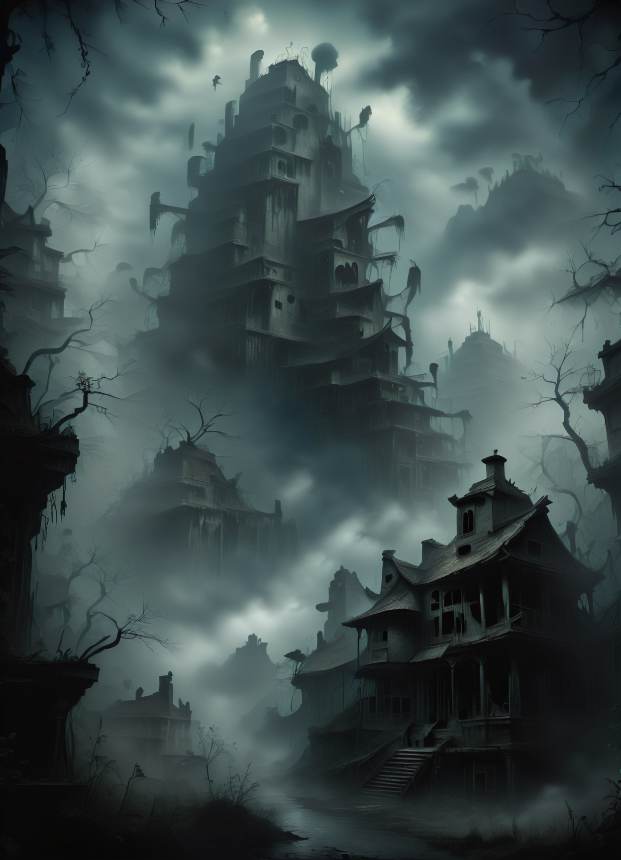 DonMGl00myN1gh7m4r3XL,score_9, score_8_up, score_7_up, score_6_up, menehune, Small humanoid beings from Hawaiian mythology,  superb craftsmanship, secretive and nocturnal,  building incredible structures, helpful, lunar atmosphere,surrealistic ,  creepy, gloomy, <lora:DonMGl00myN1gh7m4r3XL:0.8>