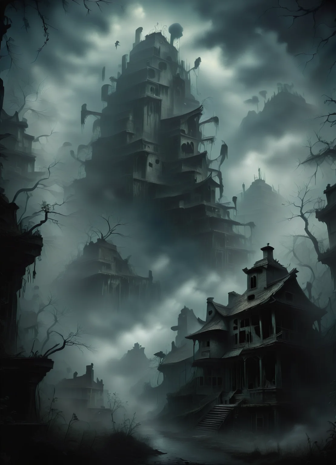 DonMGl00myN1gh7m4r3XL,score_9, score_8_up, score_7_up, score_6_up, menehune, Small humanoid beings from Hawaiian mythology, superb craftsmanship, secretive and nocturnal, building incredible structures, helpful, lunar atmosphere,surrealistic , creepy, gloomy, <lora:DonMGl00myN1gh7m4r3XL:0.8>
