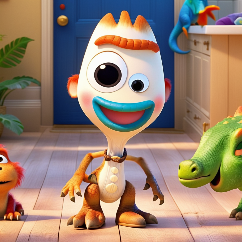 ukj full body pixar style 3g cgi<lora:sdxl_forky_ukj_v10_6:0.9>  ((hilarious face, dinosaur))