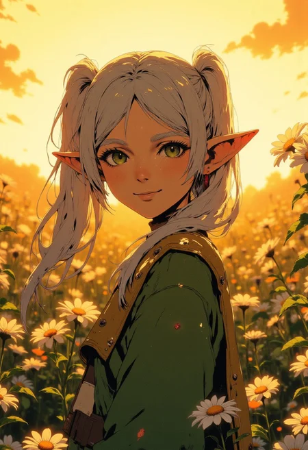 cinematic film still award winning photo of nereirfpnxl, frieren, elf, pointy ears, green eyes, white hair, twintails, standing in a field of white flowers during sunset,smiling,facing the viewer,wide depth of field, vignette, highly detailed, high budget, bokeh, cinemascope, moody, epic, gorgeous, film grain, grainy,anime, cyberpunk, Comic book style,CAICO