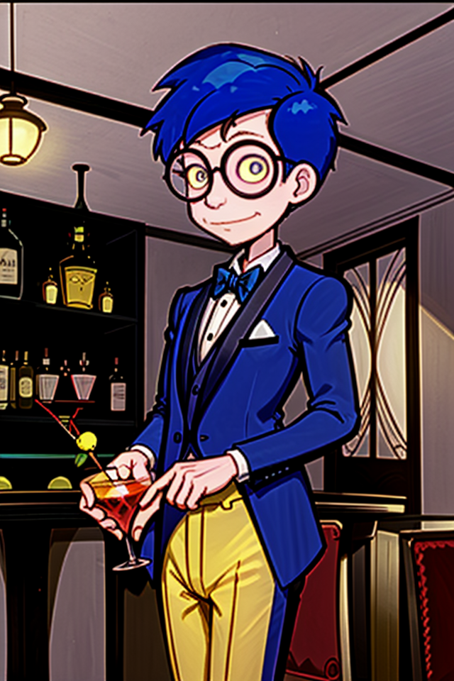 <lora:Kevin_French_-_Mission_Hill_1999_08:0.85> kevin_french, 1boy, short hair, blue hair, glasses, yellow sclera, <lora:l_32:-0.55>, tuxedo, fancy, ballroom, cocktail,<lora:LCM_SD15:1.0>