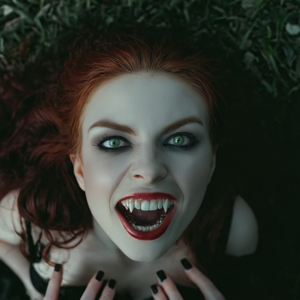 cinematic film still of  <lora:perfection style:0.5> perfection style
 <lora:fang:0.8>
From above,vampire woman with red hair holding a dog, scary, thriller, horror style, gothic movie themed, sharp, detailed, epic cinematic photography, artistic, creative, dramatic light, cinematic color style, Kodak film style, vampire fangs teeth style, vampire teeth style, vampire fangs style, 1girl, solo, long hair, looking at viewer, smile, black hair, holding, teeth, realistic, dark, green eyes, upper body, vampire pale skin color, shallow depth of field, vignette, highly detailed, high budget, bokeh, cinemascope, moody, epic, gorgeous, film grain, grainy
