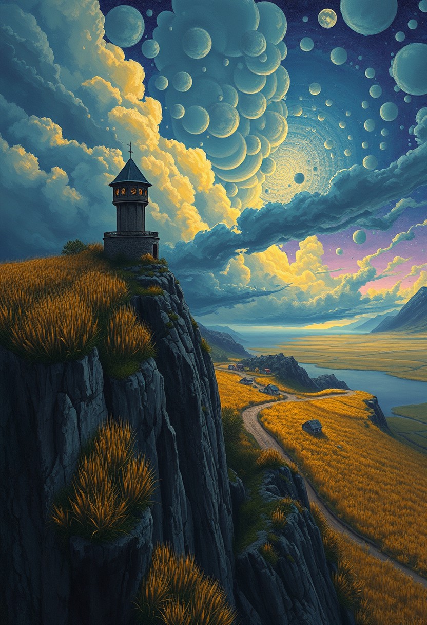 view from a steep and high cliff, faraway view , best quality, absurd resolution, 26k wallpaper, picture has a cyan and yellow colors with hints of blue, oil-matte painting, busy skies, circular shape clouds, watchtower, expressionism, intricate clouds, drawing masterpiece, very tall grass that is bend by the strong wind, night, beautifully crafted architecture, calm and relaxing art, dim colors, fantasy village, houses made out of stone and wood with dirt roads, swamp far away, creative perspective, the skies are purple, some houses are multi story, detailed wheat field, strong wing bends the tall grass, at the background there is a huge storm coming consuming the calm skies, surreal thunders coming out of that detailed sky, far from a peaceful village, corrupt ground under the storm far away, great sense of scale, mountains to the right side of the frame, UHD, very good quality, slight fog, smooth, sharp