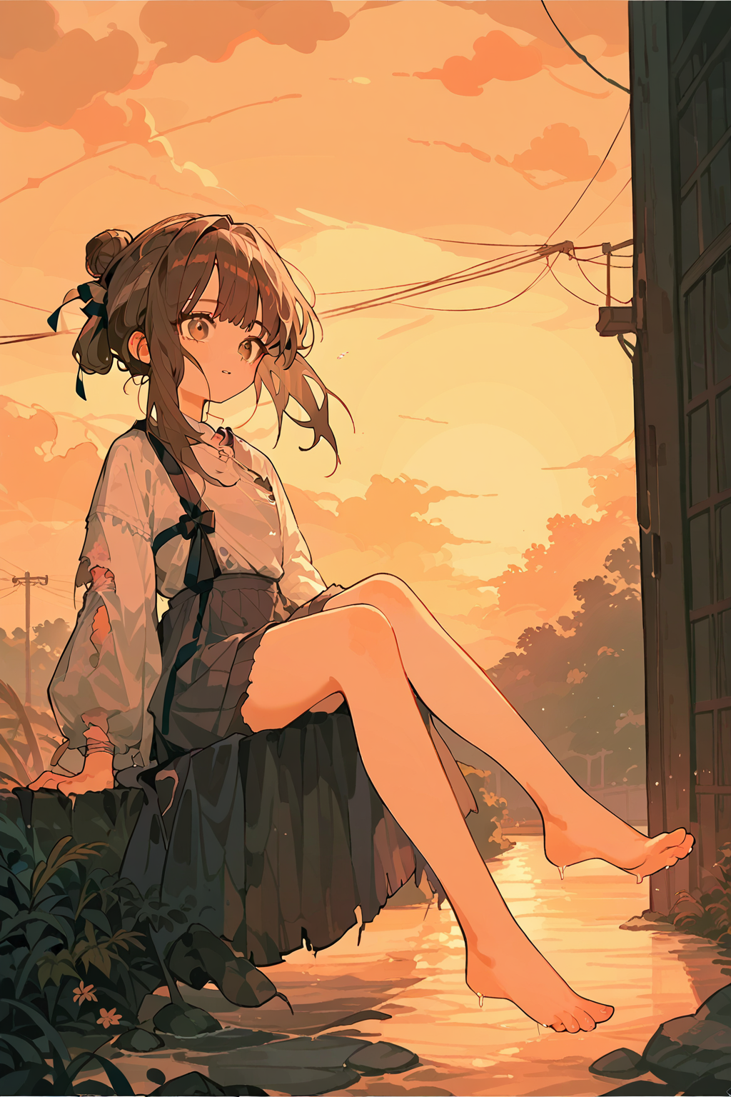 (score_9,score_8_up,score_7_up),<lora:mansui-v1:1>,mansui,1girl,solo,brown hair,torn clothes,shirt,hair bun,bangs,sunset,long hair,ribbon,
good feet,anime,NSFW,expressive,amazing quality,ultra hd 32k,