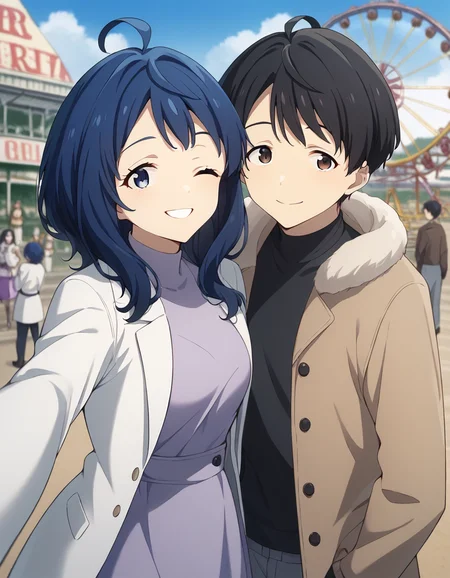 score_9, score_8_up, score_7_up, source_anime, 1boy and 1girl, blurry background, looking at viewer, outdoors, bluesky, smile, funfair, amusement park, roller coaster, ferris wheel, crowd, winter, BREAK
1girl, <lora:anna_yanami_anime_v7-soralz:0.6>, anna yanami, blue hair, medium hair, ahoge, blue eyes, white coat, long sleeves, purple dress, selfie, one eye closed, teeth,
ADDCOL
1boy, <lora:kazuhiko_nukumizu_anime_v2-soralz:0.6>, kazuhiko nukumizu, short hair, black hair, ahoge, brown eyes, winter coat, hood down, draw strings, brown coat, fur trim, black shirt,