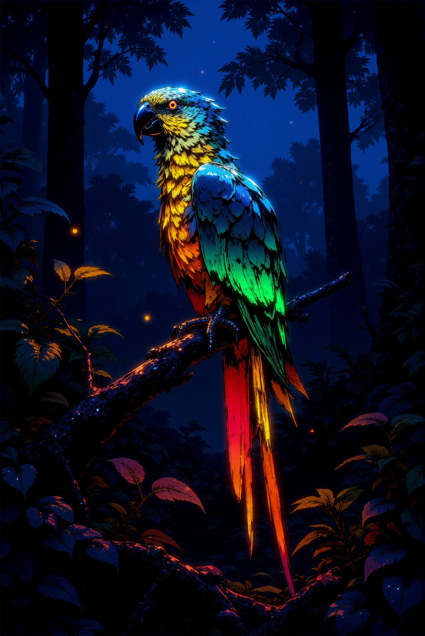<lora:DGLO_style_v.7:0.85> DGLO style.
A majestic parrot perched on a gnarled tree branch in a dark mystical forest, its sleek feathers glowing vibrantly like bright liquid neon. (The birdâs plumage radiates with shimmering hues of electric blue, emerald green, and vivid yellow and big red tail feathers, casting a bright glow onto the surrounding foliage and branches). The parrotâs glowing eyes emit a warm golden light, creating a piercing yet tranquil presence against the dark background. Fireflies drift lazily in the air, their faint light complementing the parrot's radiant feathers. The background features dense, dark jungle vegetation. Almost black night sky scattered with tiny stars. Camera angle: a close side profile of the parrot, with a blurred, dreamy forest as its backdrop, emphasizing its neon brilliance.