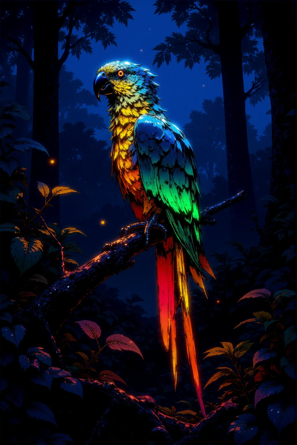 <lora:DGLO_style_v.7:0.85> DGLO style.
A majestic parrot perched on a gnarled tree branch in a dark mystical forest, its sleek feathers glowing vibrantly like bright liquid neon. (The birdâs plumage radiates with shimmering hues of electric blue, emerald green, and vivid yellow and big red tail feathers, casting a bright glow onto the surrounding foliage and branches). The parrotâs glowing eyes emit a warm golden light, creating a piercing yet tranquil presence against the dark background. Fireflies drift lazily in the air, their faint light complementing the parrot's radiant feathers. The background features dense, dark jungle vegetation. Almost black night sky scattered with tiny stars. Camera angle: a close side profile of the parrot, with a blurred, dreamy forest as its backdrop, emphasizing its neon brilliance.