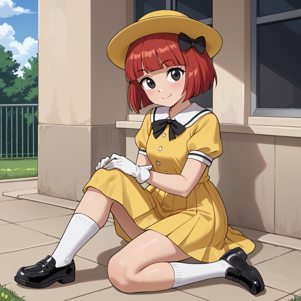 outdoors, <lora:Madeline_Fogg:1> madeline_fogg, 1girl, solo, cute, black eyes, yellow hat with a black hair bow, yellow school dress, white gloves, red hair, socks, black shoes