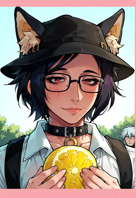 IllustriousQual, <lora:StS-Illustrious-Detail-Slider-v1.0:2> <lora:cfg_scale_boost:0.3> <lora:StS_Age_Slider_Illustrious_v1:3>,detailed_background,outdoors,fox ears,glasses,shirt,fox girl,closed mouth,smile,1boy,2girls,open mouth,black collar,male focus,short hair,pink border,collar,black hair,black eyes,food,black hat,lying,white shirt,eye contact,meremero,holding,ogenwn7,hoshimi miyabi,hands up,red eyes,dramatical murder,lemon,yuri,tsukishiro yanagi,outside border,lemon slice,animal ear fluff,fruit
