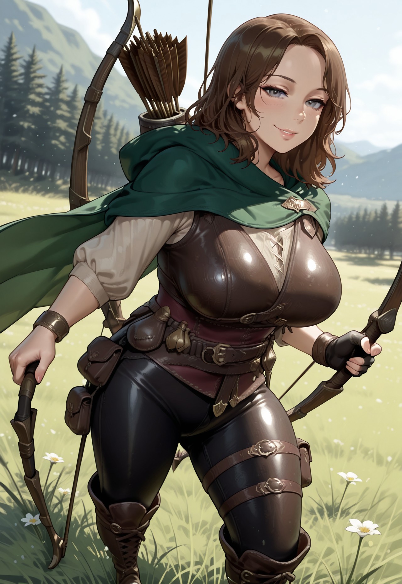  masterpiece, best quality, newest, absurdres, highres, Ulrika, Massive Breasts, brown hair, medium hair, dynamic pose, seductive smile towards viewer, brown hair, medium hair, grey eyes, green cape, belt, single glove, fingerless glove, bracelet, leather pants, undershirt, pouch, leather boots, leather armor, bow \(weapon\), arrow \(projectile\), solo,Omega_Kagestyle