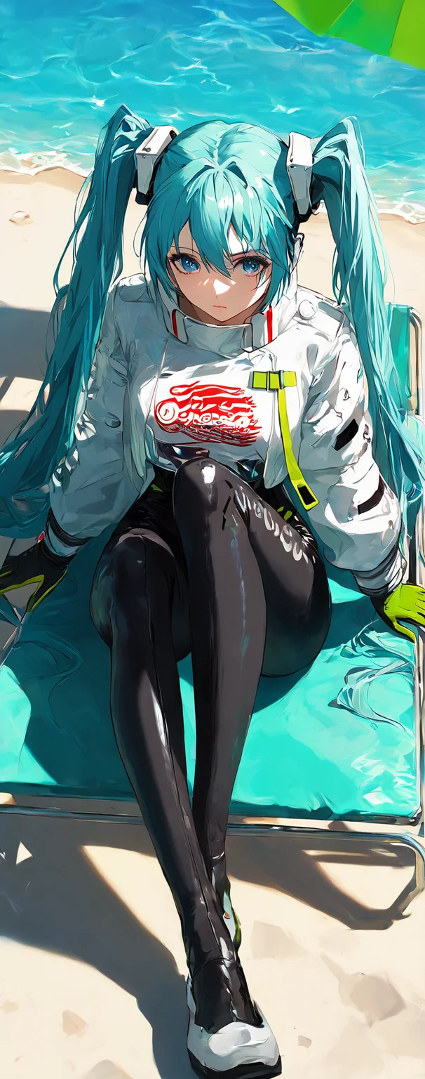 score_9,score_8_up,score_7_up,,source_anime BREAK, 1girl, solo,, s1_dram, from above, on beach chair, RHM22, hatsune miku, 1girl, racing miku, solo, green gloves, twintails, long hair, blue eyes, black bodysuit , two-tone gloves, aqua hair, hair between eyes, jacket, long sleeves, white jacket, long legs<lora:S1_Dramatic_Lighting_v2:0.8>,<lora:ã¬ã¼ã·ã³ã°ãã¯22:1>