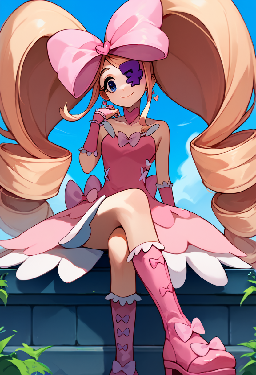 score_9, score_8_up, score_7_up, solo, 1girl, harime nui, smile, looking at viewer, sitting, crossed legs, big hair, twin drills, hair bow, pink bow, huge bow, eyepatch, pink dress, strapless dress, wrist cuffs, pink footwear, boots, jewelry, earrings, outdoors <lora:klk_harime_ponyXL-000008:1>