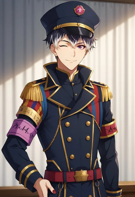 score_9, score_8_up, score_7_up, source_anime, highly detailed,
momosesunohara, 1boy, male focus, hat, solo, uniform, nail polish, red nails, military, military uniform, black hair, white hair, two-tone hair, hand on hip, looking at viewer, single armband, belt, epaulettes, wink, smile,
purple eyes, buttons, smile, military hat, double-breasted, upper body,
indoor, stage,