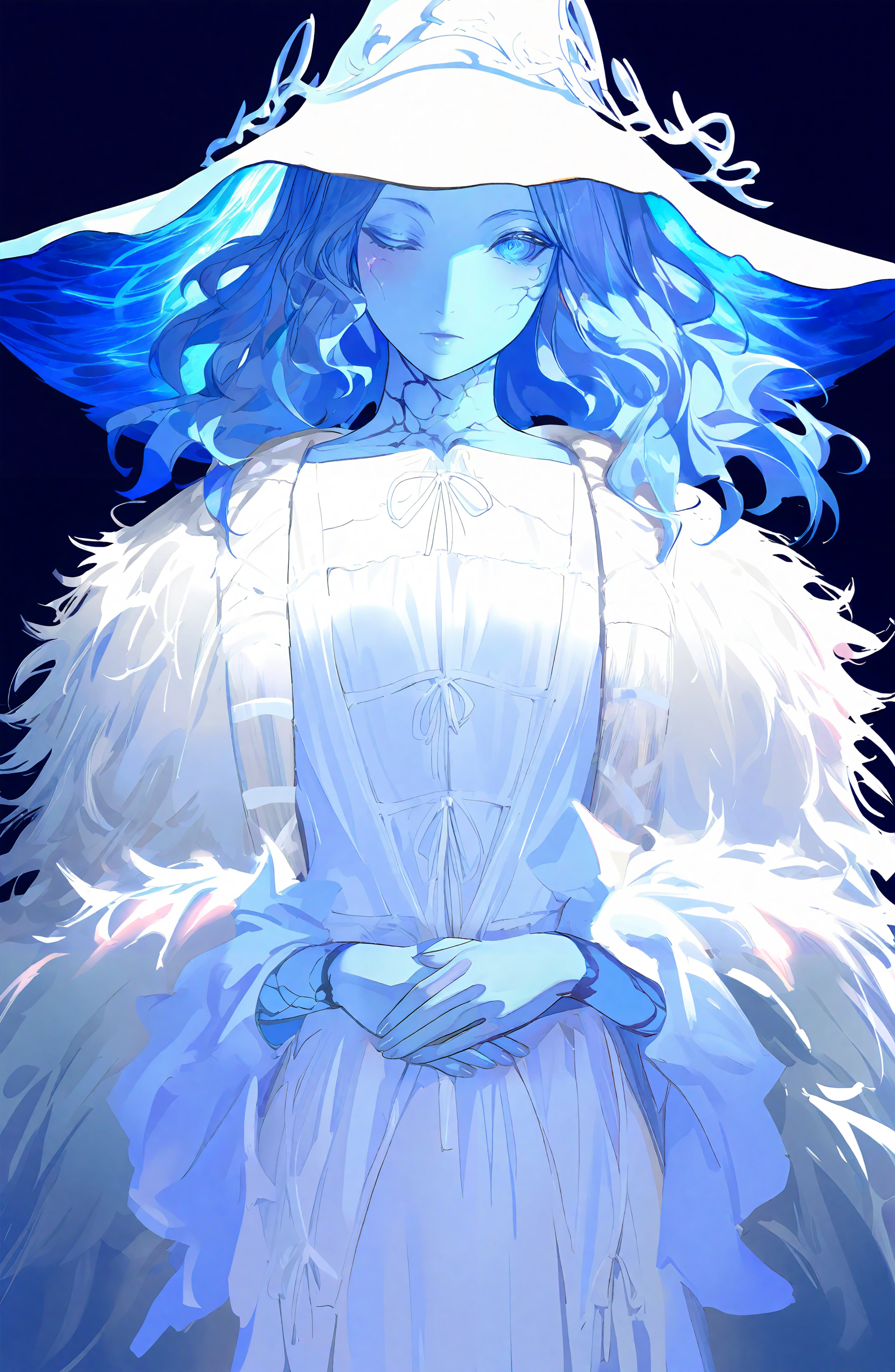 ranni_the_witch, 1girl, solo, long_hair, looking_at_viewer, blue_eyes, dress, hat, blue_hair, one_eye_closed, white_dress, colored_skin, white_headwear, witch_hat, own_hands_together, cloak, blue_theme, blue_skin, extra_arms, cracked_skin, fur_cloak, extra_faces