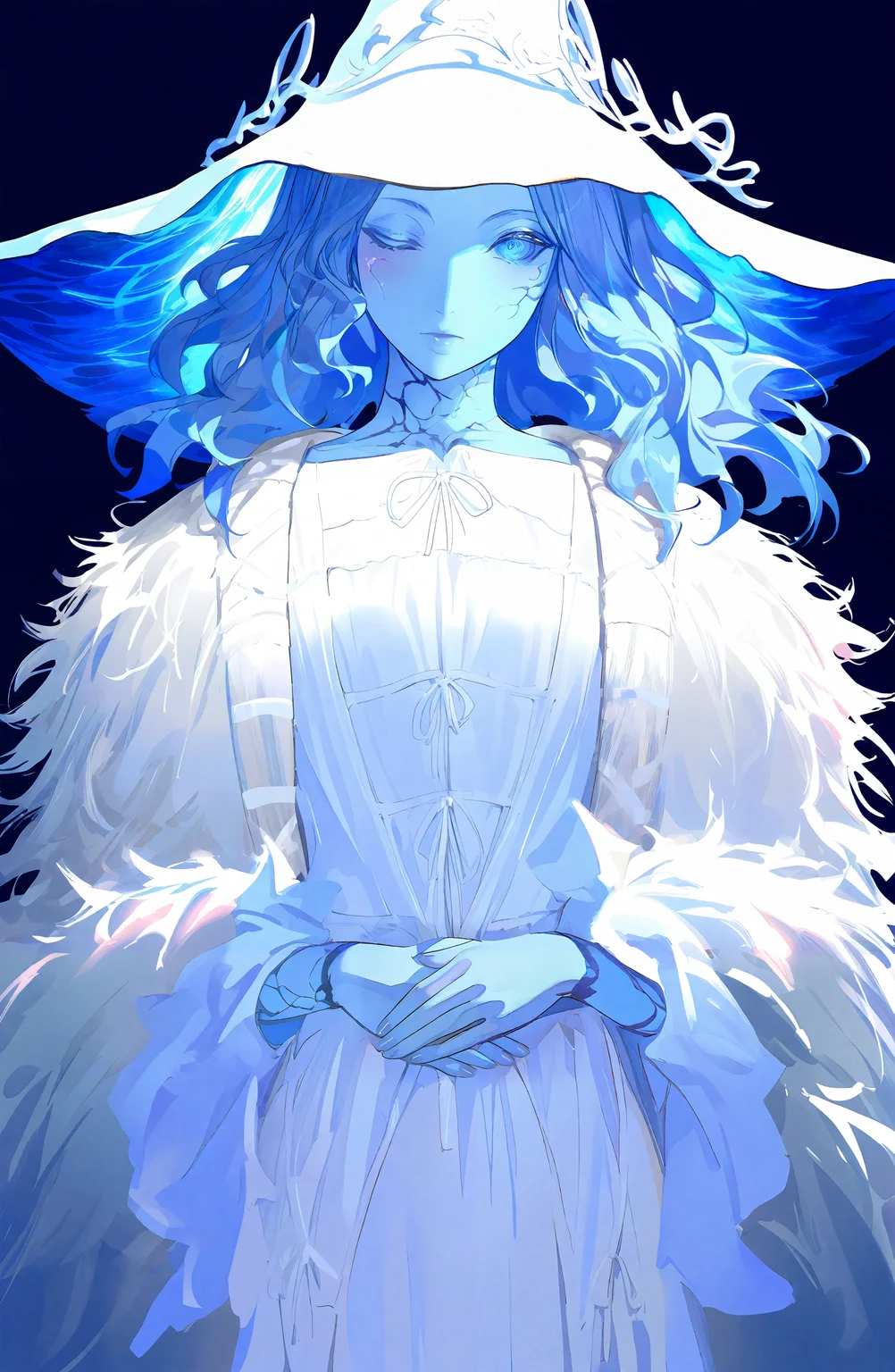 ranni_the_witch, 1girl, solo, long_hair, looking_at_viewer, blue_eyes, dress, hat, blue_hair, one_eye_closed, white_dress, colored_skin, white_headwear, witch_hat, own_hands_together, cloak, blue_theme, blue_skin, extra_arms, cracked_skin, fur_cloak, extra_faces