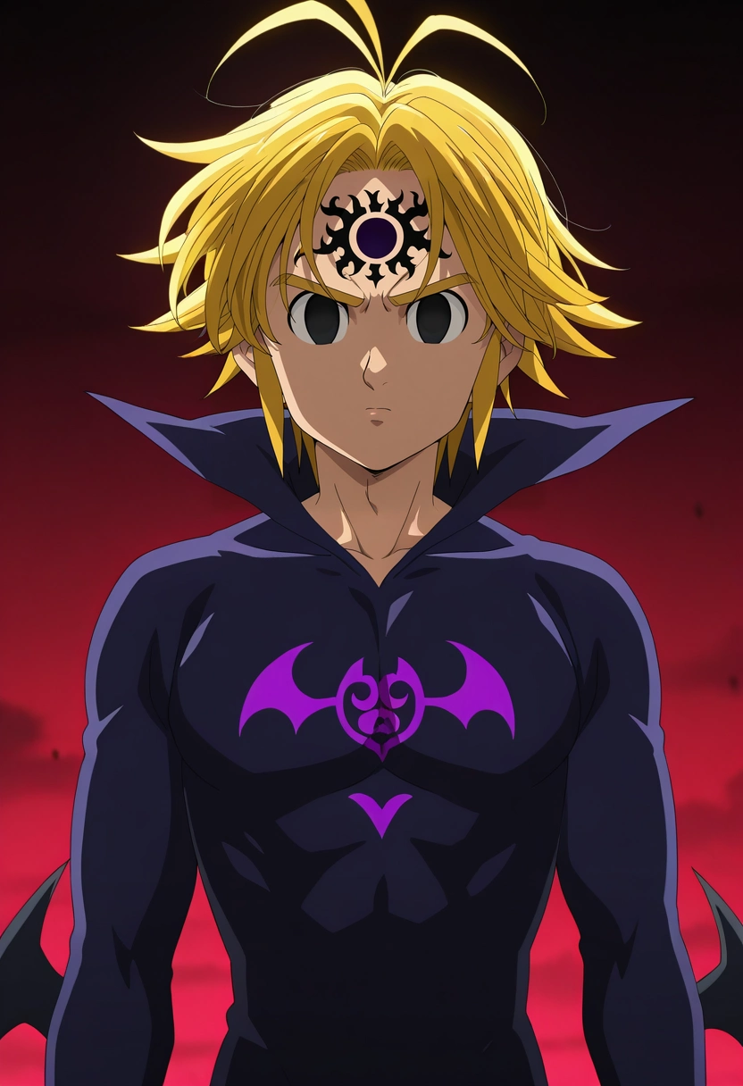 masterpiece, best quality, , anime screencap, anime coloring, official style, looking at viewer, 1boy, solo, male focus, <lora:meliodas_nanatsu_no_taizai_ilxl:0.98>, meliodas_nanatsu_no_taizai, blonde hair, short hair, antenna hair, facial mark, empty eyes, black eyes, forehead mark, demon form, demon outfit, ,