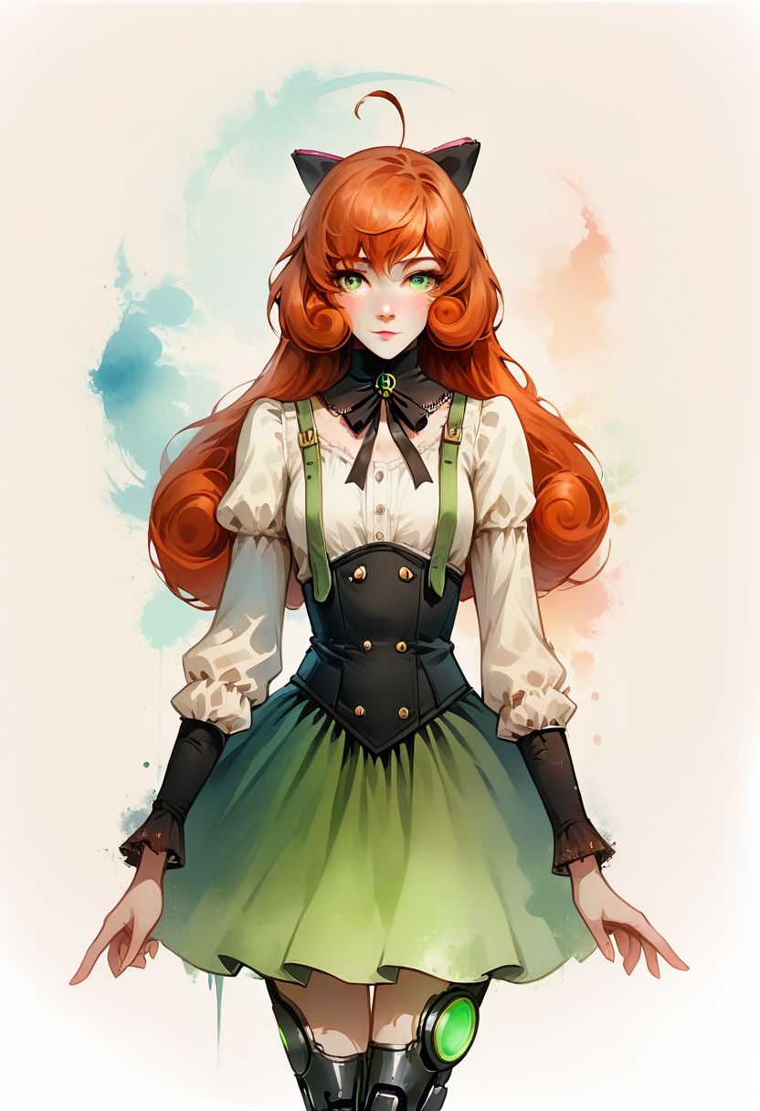 Faded Headshot, faded bottom, faded edges ,score_9,score_8_up,score_7_up,score_6_up,score_5_up,
1girl, Penny Polendina, \(RWBY\),(ultra HD quality details), green eyes, ginger hair,
long hair, 
neck ribbon, suspender skirt, corset, white blouse, long sleeves, mechanical legs, neon trim, black bow,
perfect anatomy, perfect face, abstract beauty, beautiful, centered, looking at the camera, approaching perfection, dynamic, moonlight, highly detailed, watercolor painting, artstation, concept art, smooth, sharp focus, illustration, 
small breasts,