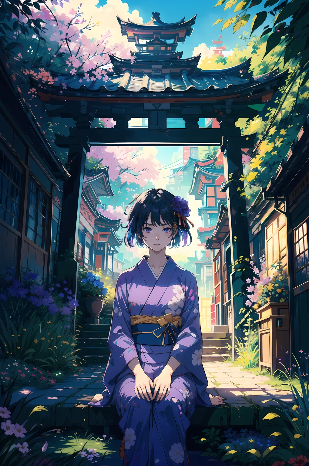 (Cinematic Digital Artwork:1.3) of (Masterpiece:1.3),(Sad:1.3) 1girl, solo, from above, \(purple flowers\), aesthetic, intricate, best quality, detailed background, Homura Akemi, ((\girl wearing a patterned purple kimono:1.2\)), \(sitting in garden\), casual pose, detailed textures, posing, floral print, hair flower, hair ornament, japanese clothes, kimono, obi, outdoors, pagoda, petals, purple kimono, sash, shrine, sky, stone stairs, torii, wide sleeves, yukata,(by Artist Andre Masson:1.3),CGSociety,ArtStation,(Colorful:1.3)
