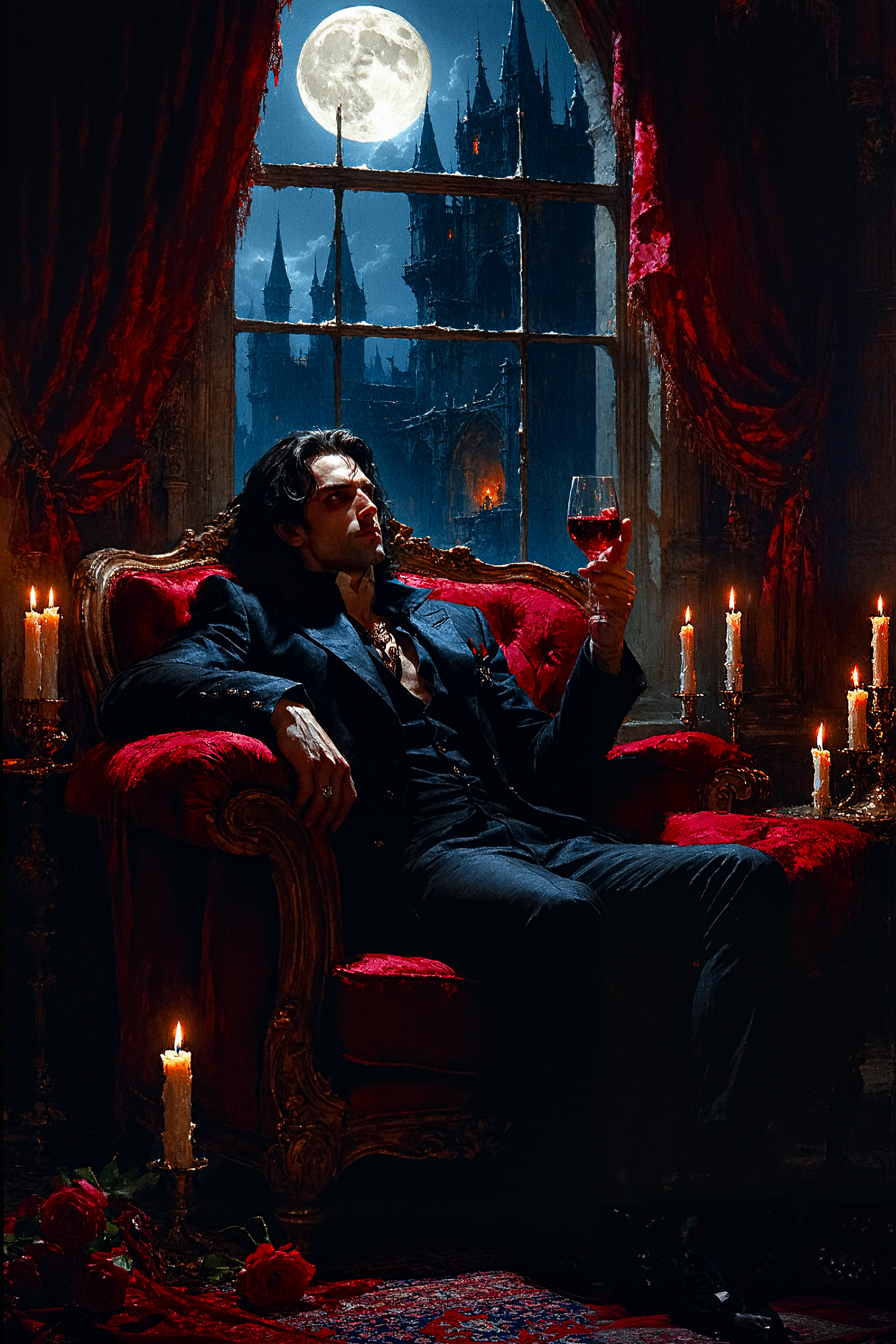 A vampire aristocrat, lounging in an opulent, candlelit chamber filled with velvet drapes and antique furniture. He holds a glass of dark red wine (or is it blood?) and looks out through a tall, arched window at the full moon. His sharp, elegant features are pale, and his eyes gleam with eternal knowledge and hunger. The mood is dark and seductive, with gothic elegance. The art style is richly detailed, focusing on deep reds, blacks, and golds to create a luxurious, eerie atmosphere.