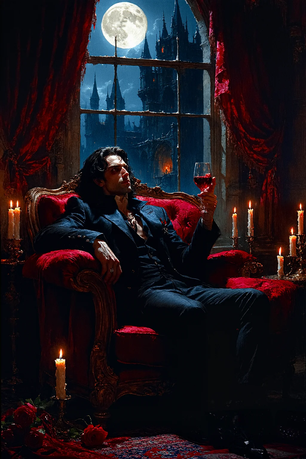 A vampire aristocrat, lounging in an opulent, candlelit chamber filled with velvet drapes and antique furniture. He holds a glass of dark red wine (or is it blood?) and looks out through a tall, arched window at the full moon. His sharp, elegant features are pale, and his eyes gleam with eternal knowledge and hunger. The mood is dark and seductive, with gothic elegance. The art style is richly detailed, focusing on deep reds, blacks, and golds to create a luxurious, eerie atmosphere.