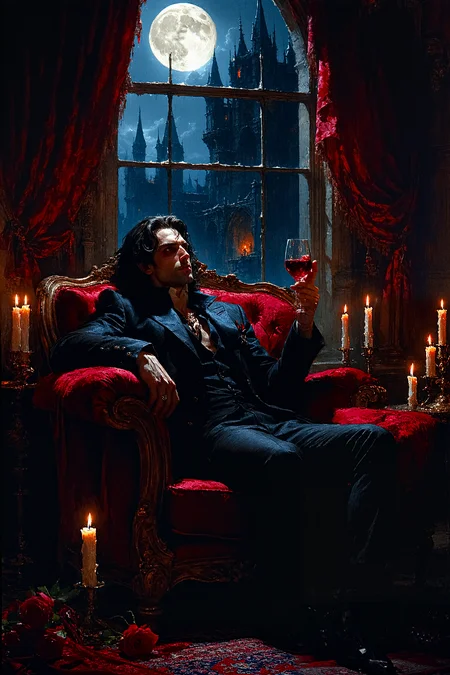 A vampire aristocrat, lounging in an opulent, candlelit chamber filled with velvet drapes and antique furniture. He holds a glass of dark red wine (or is it blood?) and looks out through a tall, arched window at the full moon. His sharp, elegant features are pale, and his eyes gleam with eternal knowledge and hunger. The mood is dark and seductive, with gothic elegance. The art style is richly detailed, focusing on deep reds, blacks, and golds to create a luxurious, eerie atmosphere.