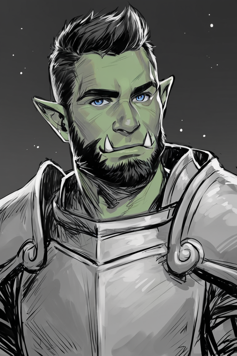 score_9, score_8_up, score_7_up, rating_safe, sketch, 1boy, solo, male focus, mature male, orc, green skin, tusks, blue eyes, short hair, black hair, facial hair, beard, mustache, looking at viewer, armor, shoulder armor, breastplate, pauldrons, upper body, closed mouth, standing, outdoors, night, night sky, dark background <lora:Sketch Illustration Style [LoRA] - Pony V6 XL:0.7>