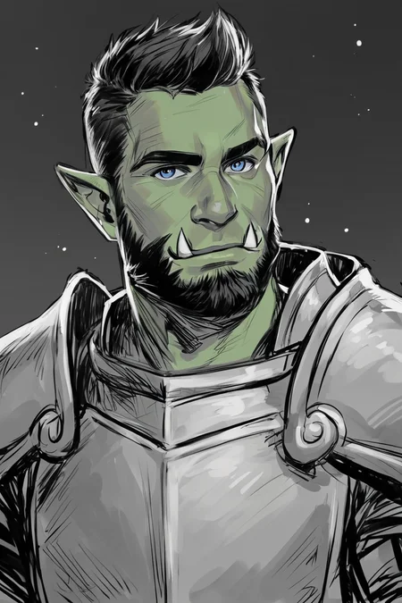 score_9, score_8_up, score_7_up, rating_safe, sketch, 1boy, solo, male focus, mature male, orc, green skin, tusks, blue eyes, short hair, black hair, facial hair, beard, mustache, looking at viewer, armor, shoulder armor, breastplate, pauldrons, upper body, closed mouth, standing, outdoors, night, night sky, dark background <lora:Sketch Illustration Style [LoRA] - Pony V6 XL:0.7>