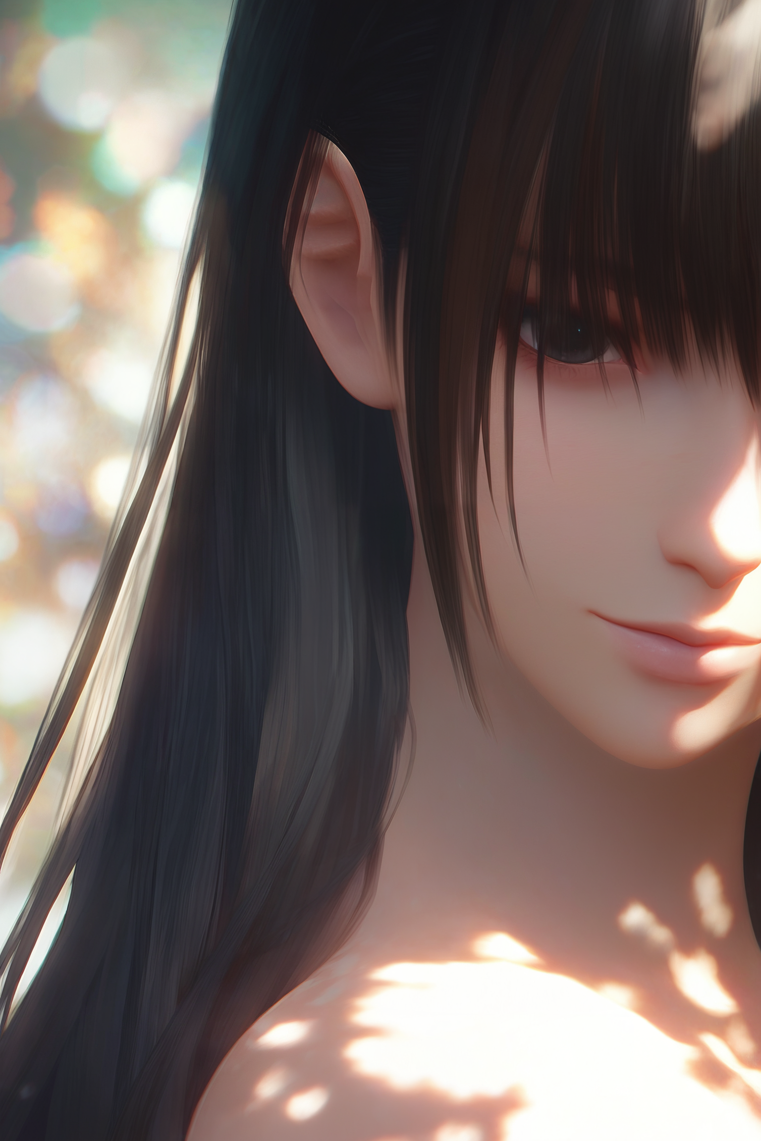 score_9,score_8,score_7_up,dappled_sunlight,masterpiece, best quality, portrait, illustration, high detailed,bokeh,close-up, 
nanami \(doa\), 1girl,solo,long hair,black hair,[streaked hair], bangs, hair over eyes,
 <lora:doa_nanami_pdxl_v20:0.6>