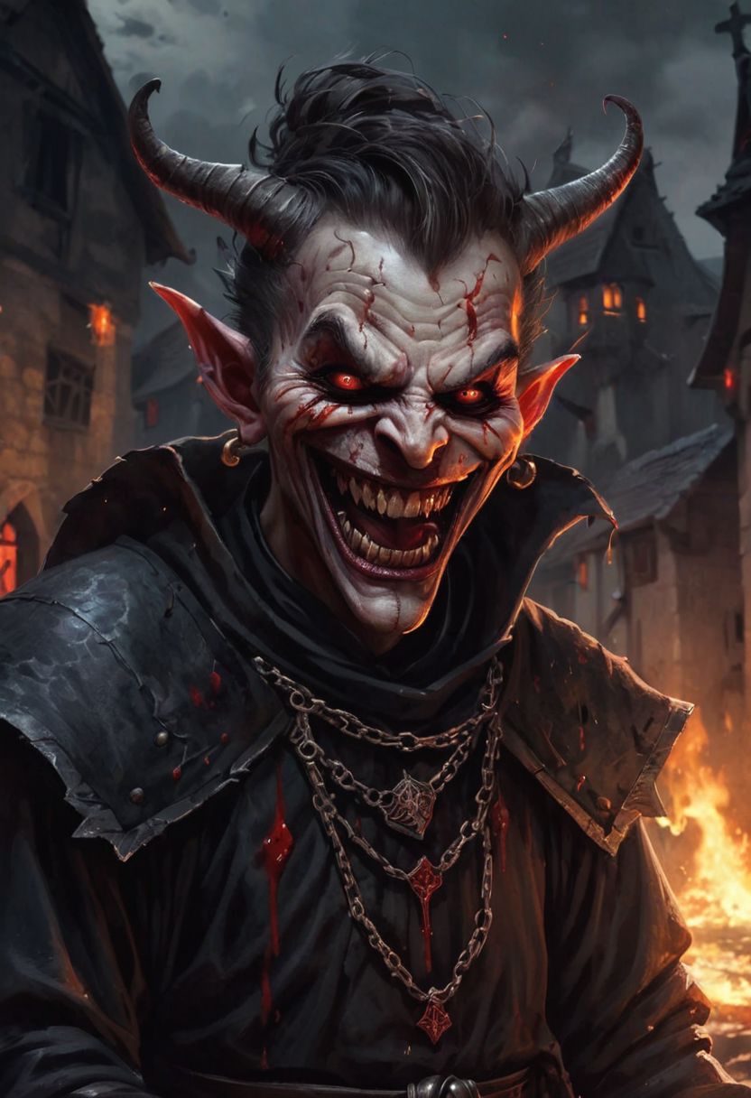 A chaos priest. Terrifying smile. Blood. medieval village. Insane. Insane. Terrifying. Night. DEVIL SPAWN