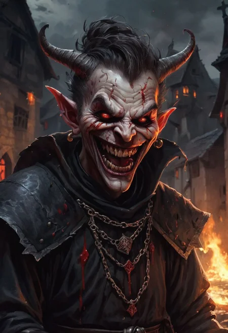 A chaos priest. Terrifying smile. Blood. medieval village. Insane. Insane. Terrifying. Night. DEVIL SPAWN