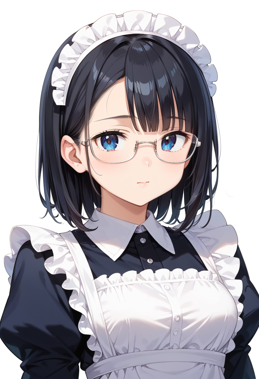 score_9, score_8_up, score_7_up, rating_safe, masterpiece, best quality, absurdres, unity 8k wallpaper, official art, official style, source_anime, uncensored, game cg, megami magazine,
1girl, solo, black hair, medium hair, upper body, covered eyes,maid, maid headdress, black dress, maid apron, face focus,
underrim_metal, glasses, still life, white background, simple background, under-rim eyewear, white-framed eyewear, 
 <lora:glasses_underRimMetal_PONY_V1:1>