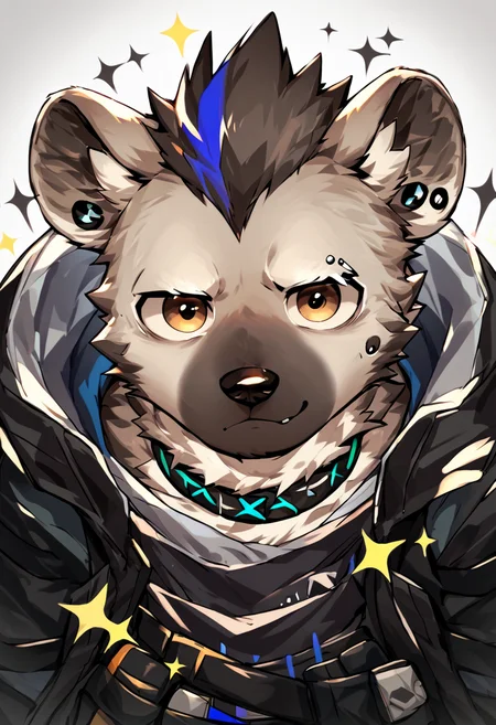 score_9, score_8_up, score_7_up, solo, spot, arknights, male focus, furry, piercing, eye piercing, cute, exited, sparkle, looking at viewer, <lora:Spot:1>