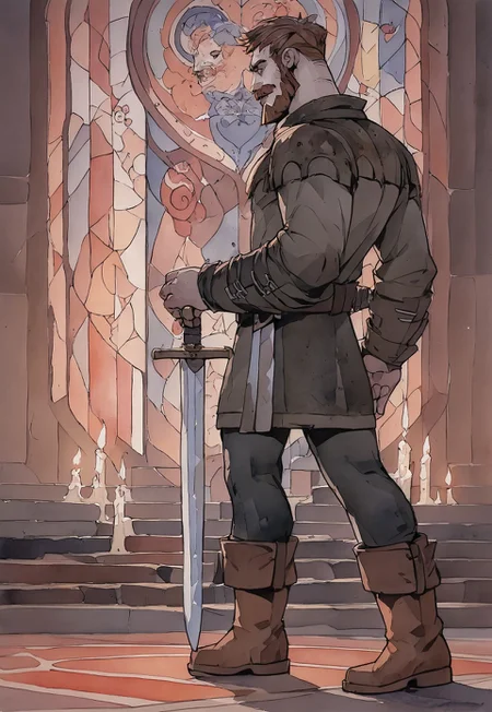 score_9, score_8_up, Persival, mustache, facial hair, brown eyes, cotehardie, full body, dynamic pose, grabbing a sword, muscular, (tomb, candles), small stained glass, watercolor \(medium\), traditional media, looking ahead,, smirk, smile, belt, pants, boots, 