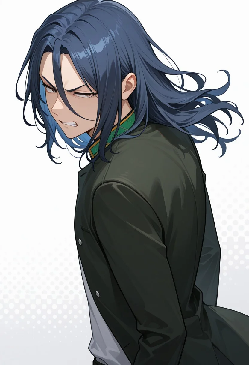 masterpiece, best quality, newest, absurdres, very aesthetic, highres, perspective, WBKyotaro, 1boy, male focus, long hair, curtained hair, long hair between eyes, blue hair, brown eyes, open green gakuran, long sleeves, layered clothes, white shirt, from back, looking back, cowboy shot, angry, v-shaped eyebrows, half-closed eyes, open mouth, clenched teeth, red halftone background, white background