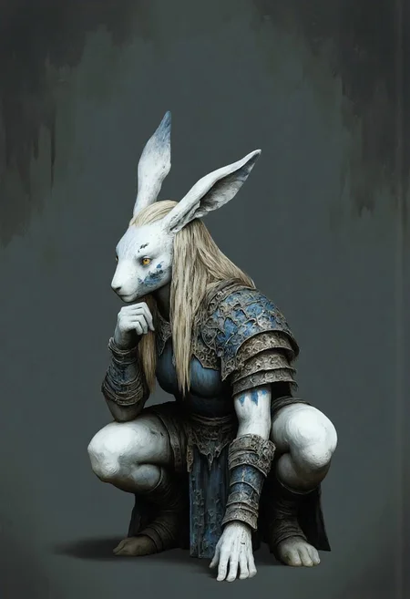 MikeFranchinastyle, Surreal art, d4artstyle, d4concept, , made of clay, aidmaMJ6.1, ZBClay model of a gray sculpture, Kentaro Miura, berserk style, ral-mold
a crouching anthropomorphic rabbit character with a blend of fantasy and warrior themes. This character has tall, expressive white rabbit ears and long, flowing platinum blonde hair that frames their intense golden eyes. They wear a dark, intricately detailed outfit with armor-like patterns, blending dark leather with silvery embellishments. Blue markings on their skin accentuate the character's fierce and mystical aura, while patches of darker fur on the cheeks give them a unique appearance.
The attire includes a fitted jacket with silver filigree on the sleeves and shoulders, paired with thigh-high white stockings and sturdy, clawed boots. The character's posture is contemplative, with one hand supporting their chin, enhancing their mysterious and introspective demeanor. The overall color palette features soft whites, deep grays, and metallic highlights, suggesting a character who is both graceful and powerful.
Background solid color with a faded dimly lit, black-covered darkness tone that emphasizes its silhouette. The medium is not a traditional painting or illustrative medium like watercolor or ink but rather a digital rendering, eerie and unsettling.