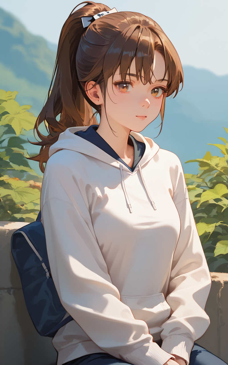 score_9,score_8_up,score_7_up,
<lora:ruanxiuPony-000002:1>,
<lora:v6:0.7>,
ruanxiu,1girl,solo,ponytail,brown hair,hoodie,