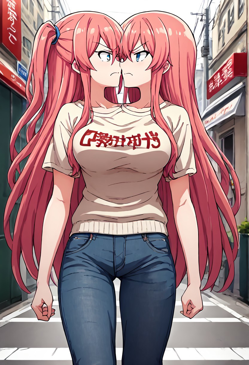 8K, HD,<lora: Two_heads_XL_anime_trained_edition_for_pony:1.1>, easynegative, conjoined, Japan anime, two heads, BREAK female, random color hair, (very long hair or short hair, one side up, or two sides up, wave hair, very thick hair), using 2 different hairstyles, anime, BREAK female, Striped t-shirt, Lightweight cardigan, Skinny jeans, ((look at each other, face to face, argue, argument, arguing)), angry mood, lady, girl, outdoor street background, walking on the street