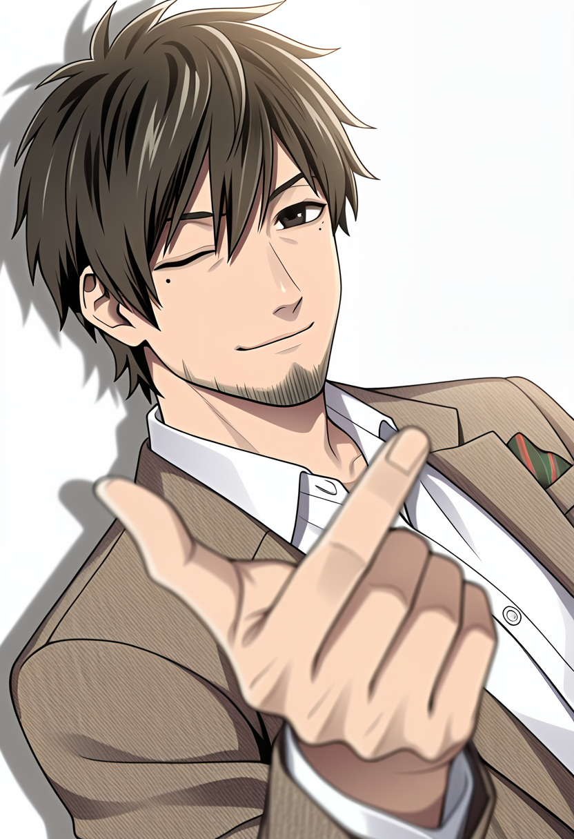 masterpiece, best quality, newest, absurdres, anime screencap, intricate details, good quality, very awa, highres, perfect proportions, perfect eyes, amazing quality, very aesthetic, 1boy, KKzm1, brown_KKzm1_hair, black_KKzm1_eyes, anime coloring, mature male, male focus, solo, looking at viewer, smile, one eye closed, upper body, brown_KKzm1_suit, beckoning, white background, simple background,  shadow, dutch angle,  dynamic action, intricate lighting, intricately detailed illustration, depth of field,