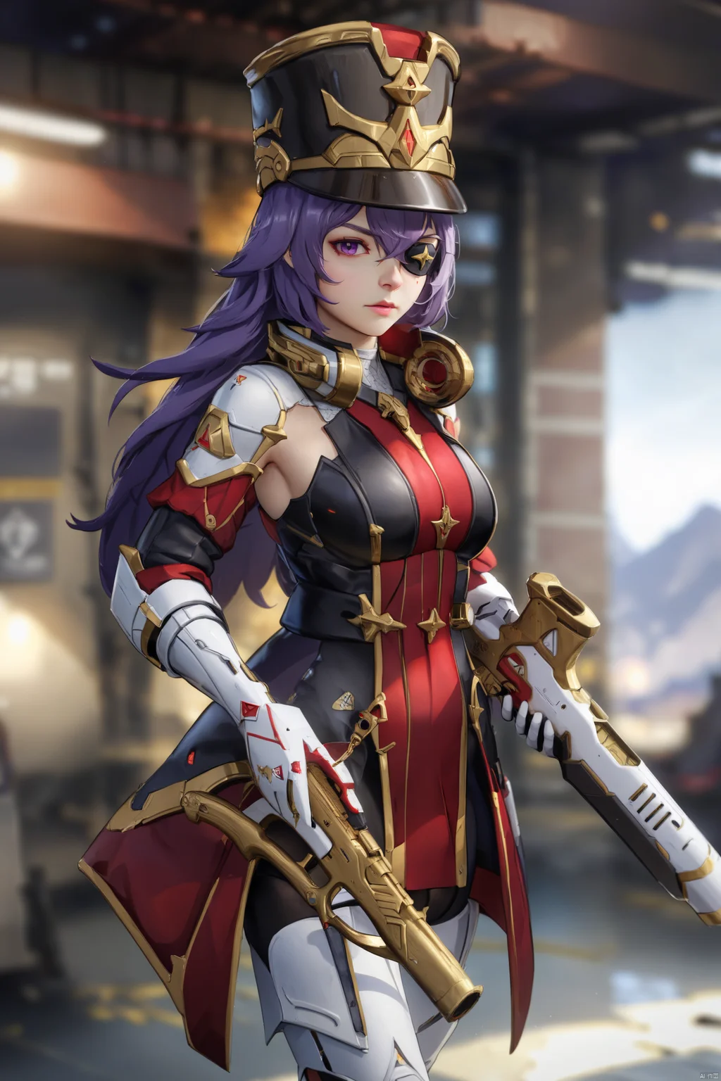 best quality,masterpiece,8k,(ultra-detailed),jijia, 3d, CG, weapon, 1girl, gun, solo, rifle, holding weapon, assault rifle, holding, blurry background, armor, holding gun, blurry, science fiction, realistic,a woman holding a gun,the female alien is holding a gun,
xwl, def clothe, 1girl, eyepatch, purple hair, purple eyes, long hair, hat, red gloves<lora:EMS-345456-EMS:0.800000>, <lora:EMS-330679-EMS:0.700000>