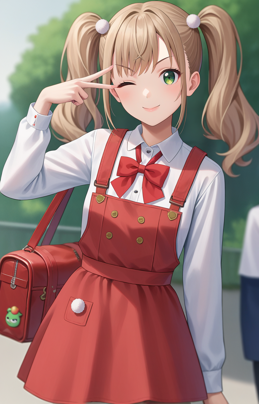 <lora:v_w_backhand_XL_v1_wasabiya:1>,score_7_up, anime, w over eye, 1girl, solo, green eyes, light brown hair, long hair, twintails, looking at viewer, one eye closed, v-shaped eyebrows, smile, long sleeves, pinafore dress, red bowtie, white shirt, pom pom hair ornament, hands up, crime prevention buzzer, red bag, depth of field