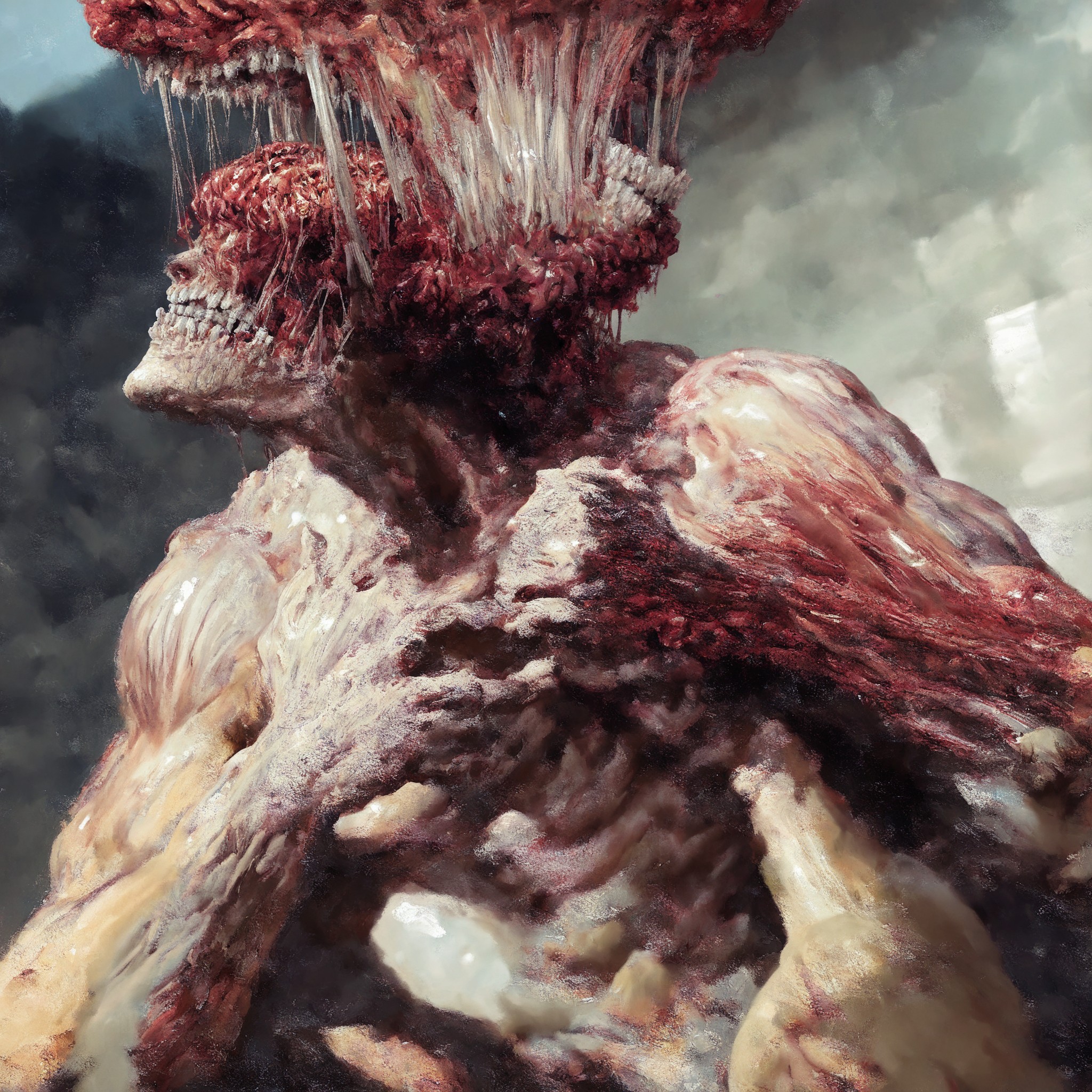masterpiece, best quality, faux traditional media, acrylic paint \(medium\), painting \(medium\),  exposed muscle, exposed brain, guro, teeth<lora:EliranKantor_V1_Noob:1.0>