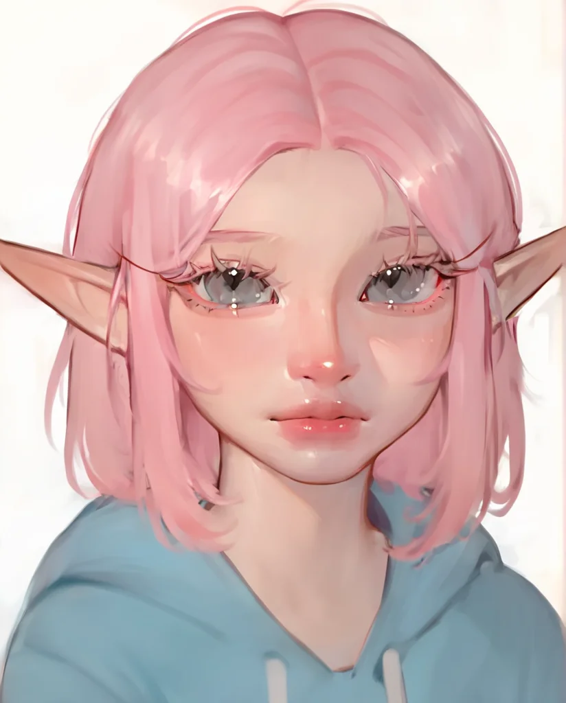 score_9, score_8_up, score_7_up, rating_safe, puririkaaastyle, portrait, upper body, elf, pointy ears, eyelashes, pink hair, medium hair, grey eyes, blue hoodie, 1girl, solo, standing, looking at viewer, simple background, white background <lora:Puririkaaa (Jelly Art Style) v1.0 LoRA_Pony XL v6:1>