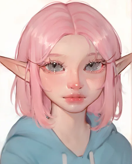score_9, score_8_up, score_7_up, rating_safe, puririkaaastyle, portrait, upper body, elf, pointy ears, eyelashes, pink hair, medium hair, grey eyes, blue hoodie, 1girl, solo, standing, looking at viewer, simple background, white background <lora:Puririkaaa (Jelly Art Style) v1.0 LoRA_Pony XL v6:1>
