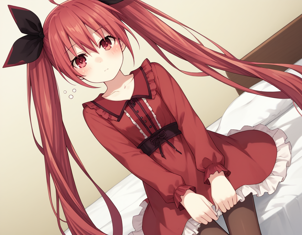 score_9, score_8_up, score_7_up, source_anime,
kotoriitsuka, <lora:kotori-itsuka-lightnovel-ponyxl-lora-nochekaiser:1>,
kotori itsuka, long hair, red eyes, twintails, very long hair, red hair, ahoge, ribbon, hair ribbon,
dress, collarbone, pantyhose, red dress, frills, long sleeves,
indoors, bed, bed room, on side, blush, drunk,
looking at viewer, solo, cowboy shot, dutch angle,