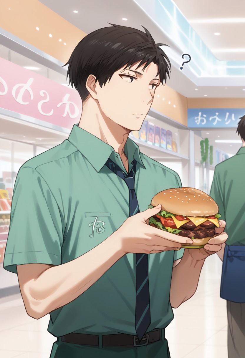 score_9, score_8_up, score_7_up, source_anime, rating_safe, holding burger, question mark, NozakiGSN, black Nozaki hair, black Nozaki eyes, 1boy, male focus, green dress shirt, summer clothes, expressionless, looking at another, hands with five fingers, solo focus, blurry indoor mall, dutch angle, realistic shading,