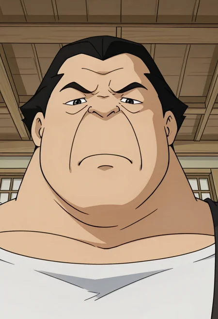 (masterpiece, best quality, amazing quality, detailed background,), tohru, male, male focus, chubby, overweight male, large build, asian, short black hair, sumo hairstyle, white tank top, dark overalls, serious expression, 1boy, male focus, solo, frown, from below, close up, big pec, big belly, serious, black eyes, frown, closed mouth, looking at viewer, face pov, close up, frown, nasolabial lines, fat face, portrait