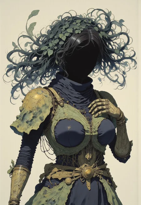 Cyborg biopunk Fairytale, intricate cyborg Portrait of a female Robotic entity with Long billowing Hair Made of leafs, black hollow eerie head, No Face, DARK moody