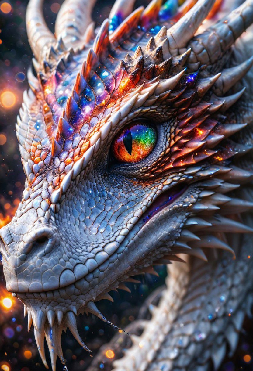 Extreme close up Portrait of a majestic white dragon, with a rainbowiridal galaxy in fire dragon eyes, highly detailed, tears, emotional, bokeh, taken at an angle, f/1.2, canon photography